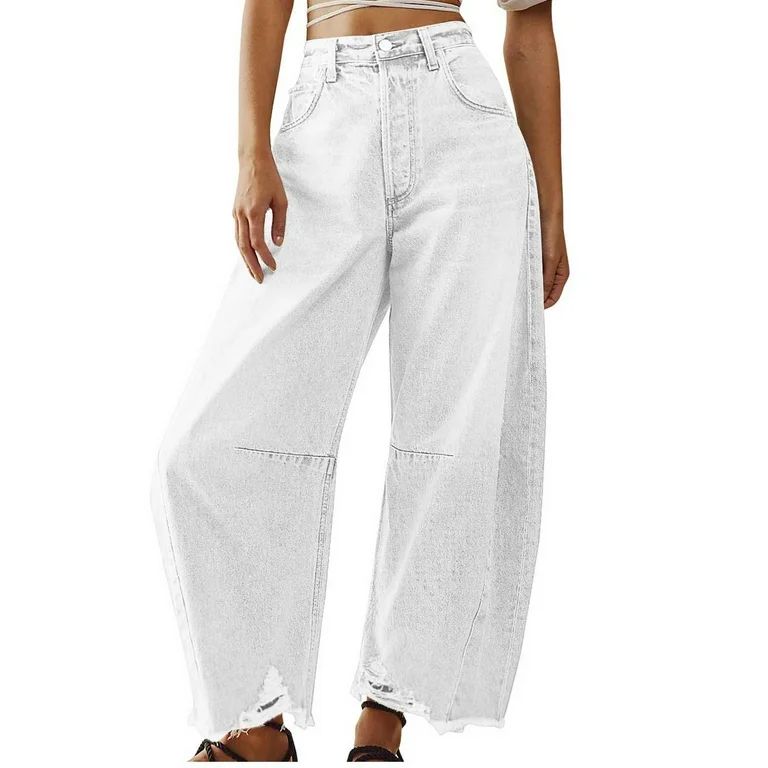 Wide Leg Denim Pants Womens High Waisted Flare Leg Baggy Casual Jeans Ripped Raw Hem Distressed J... | Walmart (US)