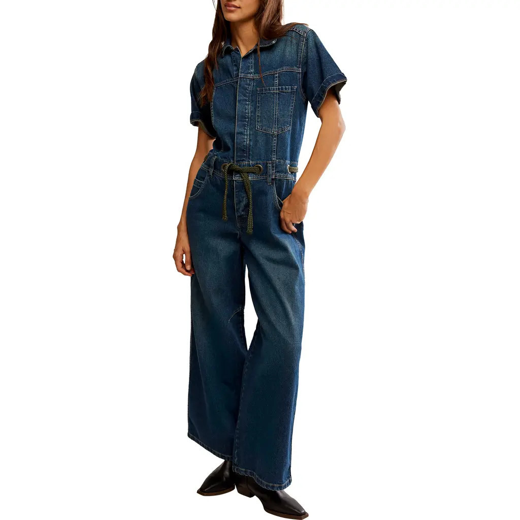 Free People Edison Wide Leg Denim Jumpsuit in Cerulean Skies at Nordstrom, Size X-Large | Nordstrom