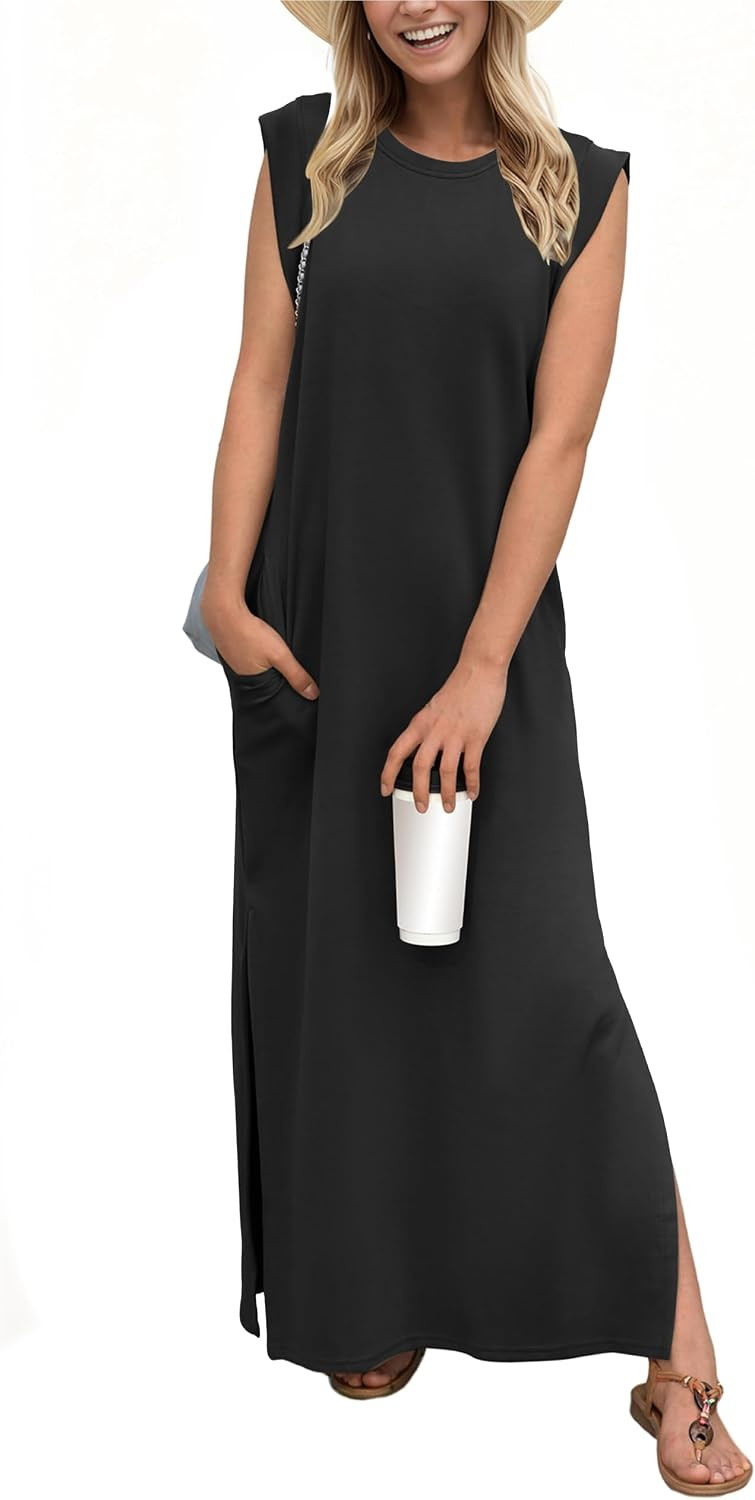 GRECERELLE 2026 Women Year-Round Casual Round Neck Loose Split Wrinkle-Free Long Maxi Vacation Dress with Pockets (XXS-4XL) | Amazon (US)