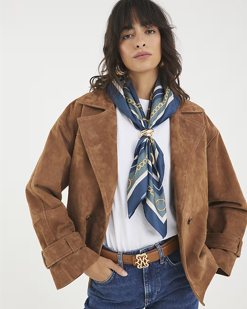 Blue Satin Chain Print Scarf With Ring | River Island UK & IE