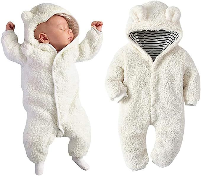 KIDDAD Newborn Baby Romper Long Sleeve Winter Bear Style Fleece Hooded Plush Jumpsuit Cosplay Clo... | Amazon (US)