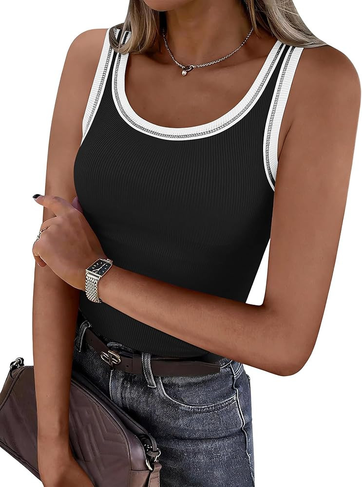 Womens Sleeveless Scoop Neck Tank Top Color Block Ribbed Fitted Summer Basic Slim Cami Shirts Cut... | Amazon (US)