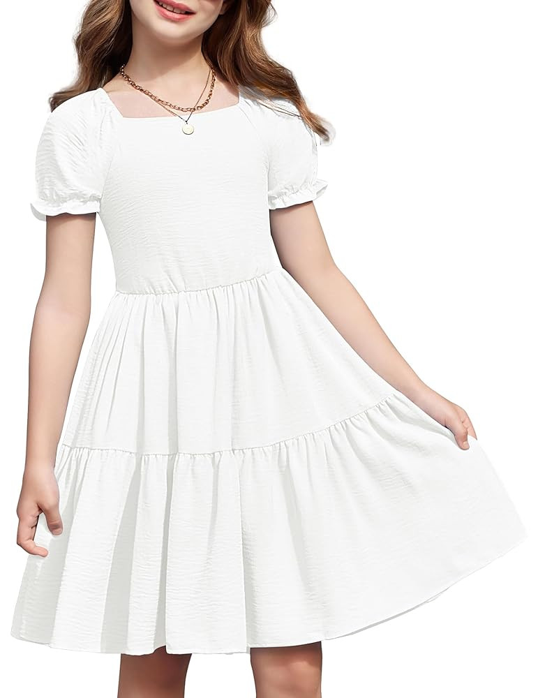 Arshiner Girls Summer Dress Tie Back Short Sleeve Square Neck Tiered Midi Casual Dresses with Poc... | Amazon (US)