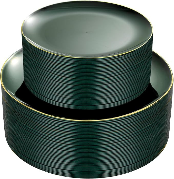 PULOTE 100PCS Green Plastic Plates - Green Disposable Plates With Gold Rim - Include 50 Pieces Di... | Amazon (US)