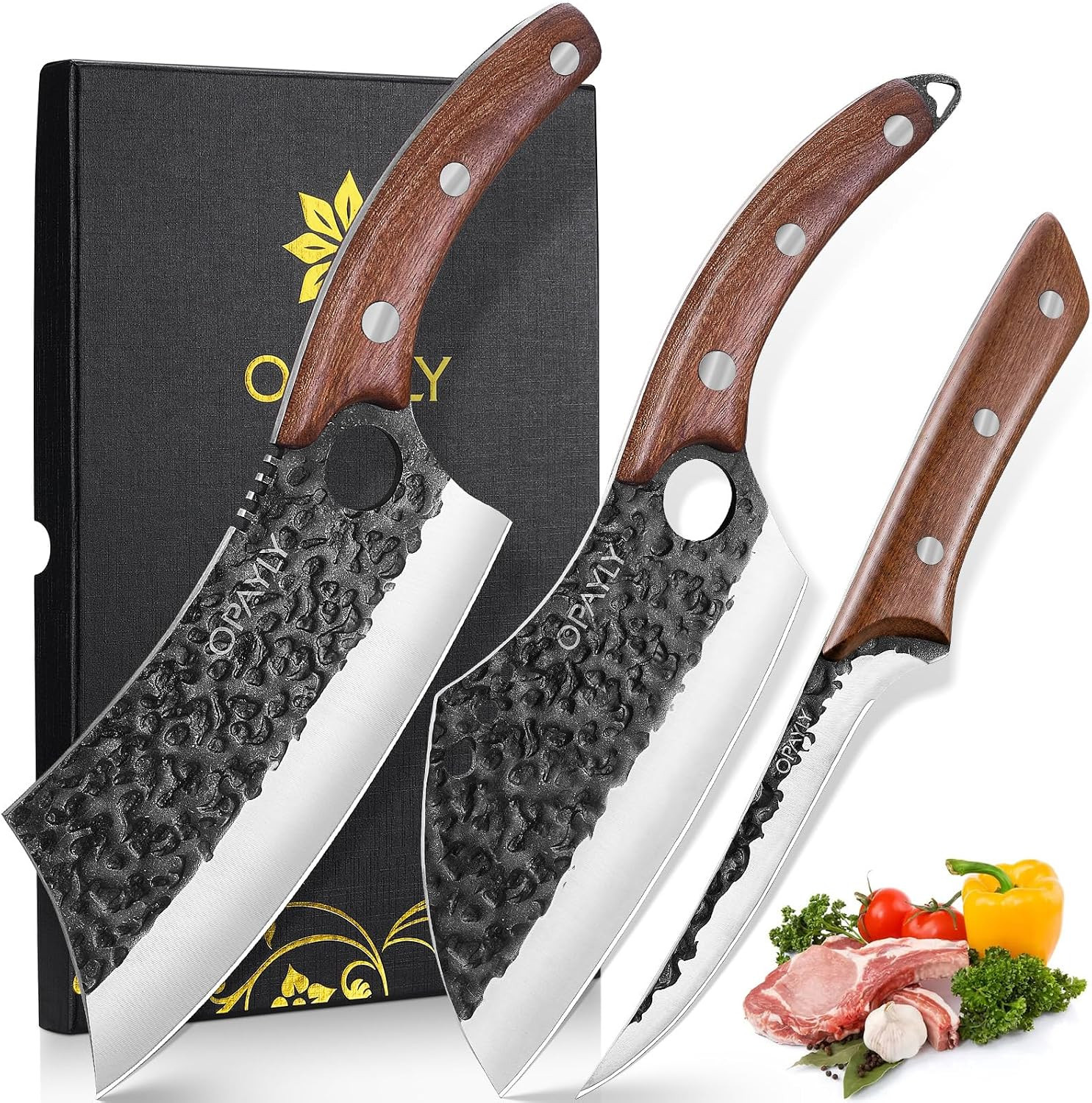 3PCS Hand Forged Butcher Knife Set Meat Cleavers, Serbian Chef Knife Viking Boning Knife High Carbon Steel Kitchen Knife for Meat Cutting, Outdoor BBQ Vegetable Camping, Gift for Men | Amazon (US)