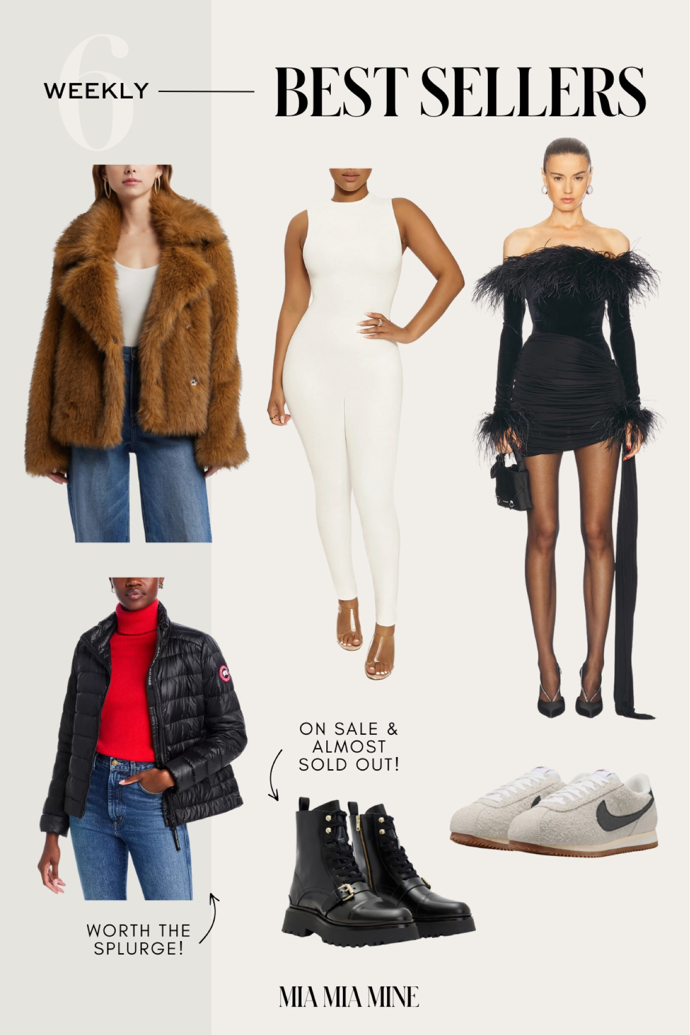 Weekly best sellers on #miamiamine
AllSaints combat boots - similar look and vibe to my Chanel combat boots 
Nordstrom faux fur jacket
Nordstrom catsuit
Canada goose puffer jacket
Nike Cortez sneakers
Feather trim bodysuit 

#LTKGiftGuide #LTKSaleAlert #LTKHoliday