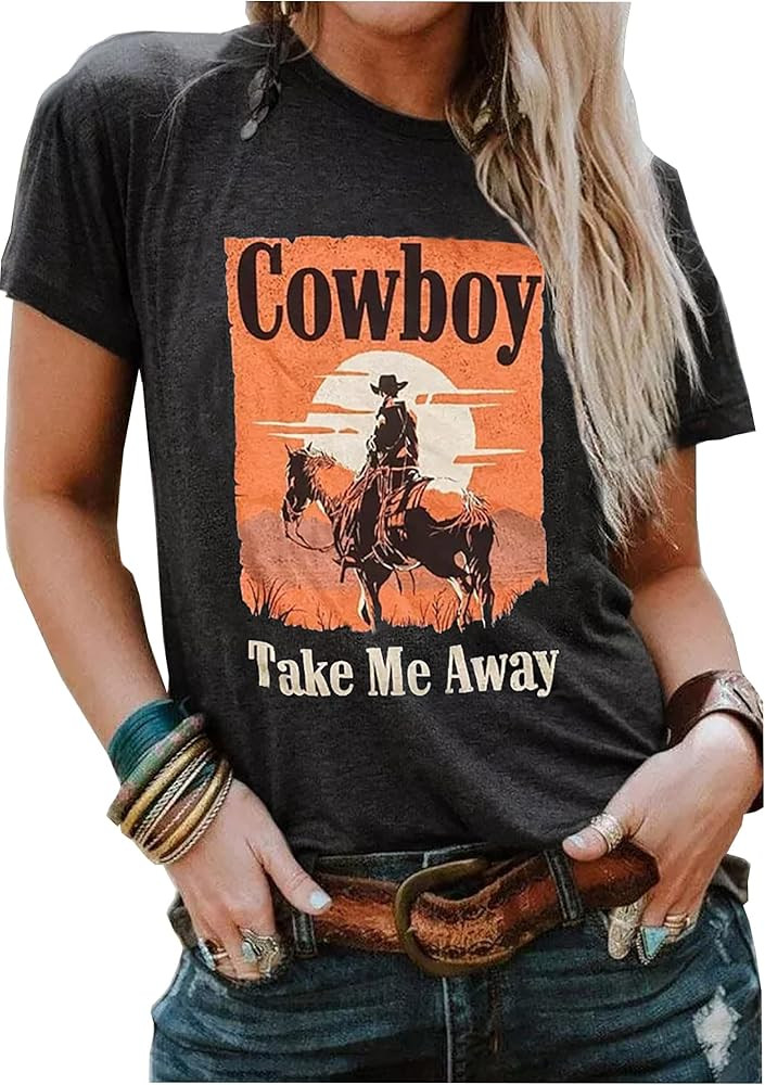 Cowboy Take Me Away T-Shirt for Women Western Cowboy Vintage Graphic Tees Rodeo Shirt Tops | Amazon (US)