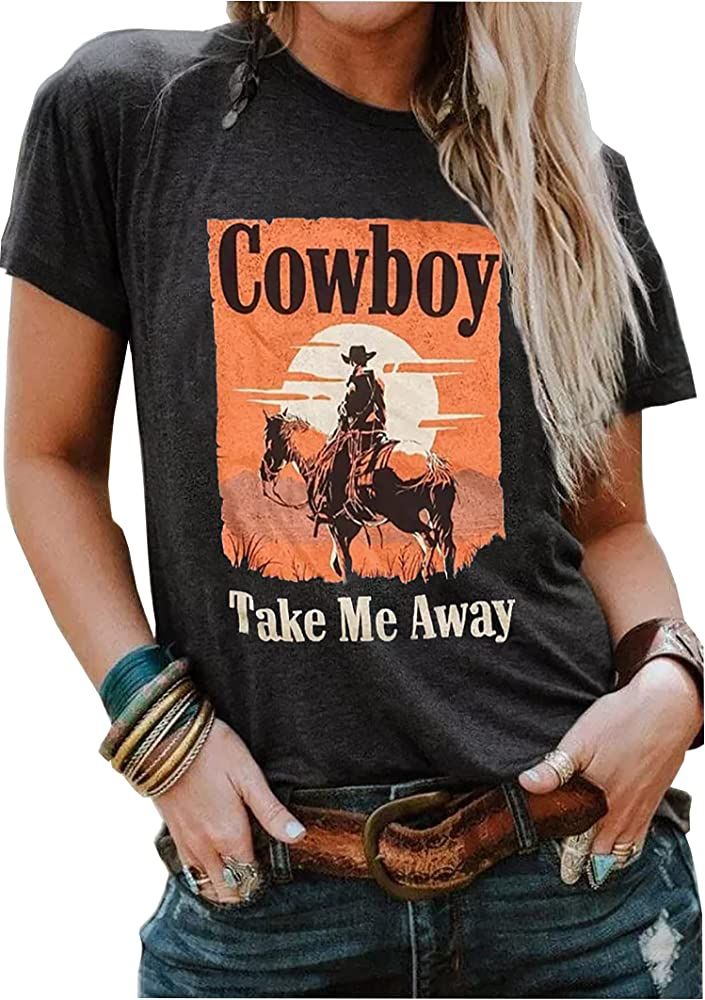 Cowboy Take Me Away T-Shirt for Women Western Cowboy Vintage Graphic Tees Rodeo Shirt Tops | Amazon (US)