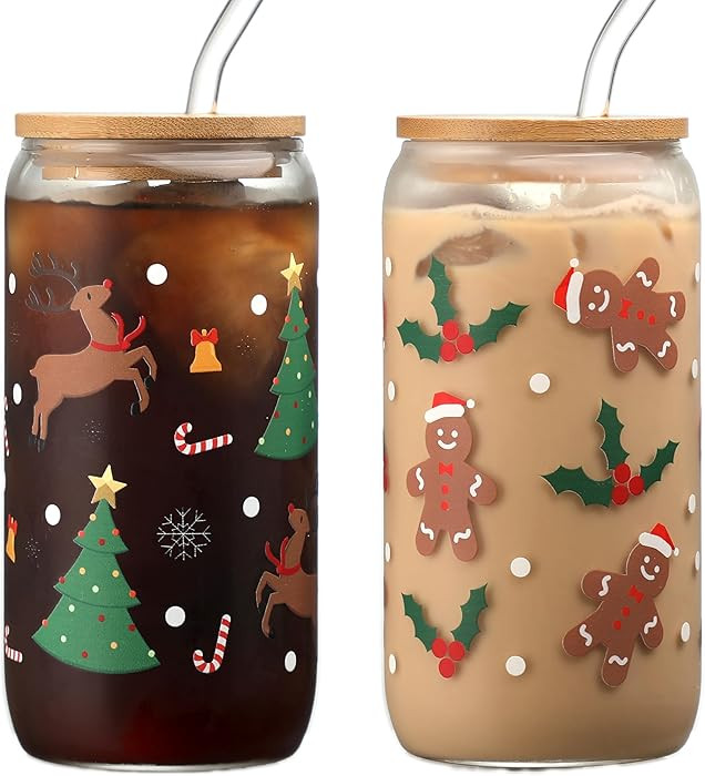 Set of 2 Christmas Cups, 16oz Colored Glass Mason Jar Tumblers with Lids and Straws, Iced Coffee ... | Amazon (US)