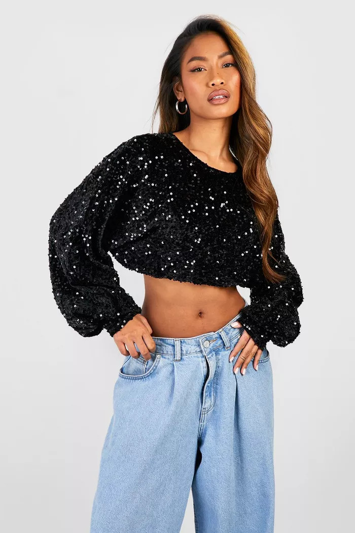 Black Balloon Sleeve Cut Out Back Sequin Top | Boohoo.com (UK & IE)