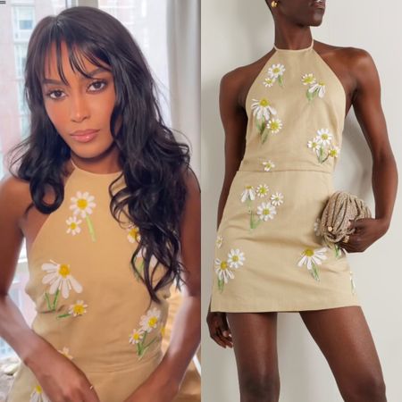 Ciara Miller’s Tan Flower Print Halter Mini Dress 📸= @ciaramiller___