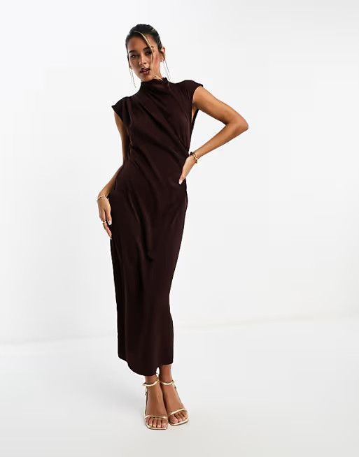 ASOS DESIGN high neck sleeveless midi dress with draped neck in chocolate | ASOS (Global)