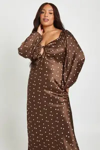Chocolate Plus Polka Dot Volume Sleeve Satin Midaxi Dress | Boohoo USA | boohoo (US & Canada)
