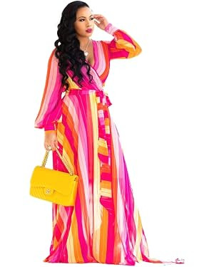 Nuofengkudu Womens Chiffon Deep V-Neck Stripe Printed Maxi Dress Unique Loose Summer Boho Dresses... | Amazon (US)