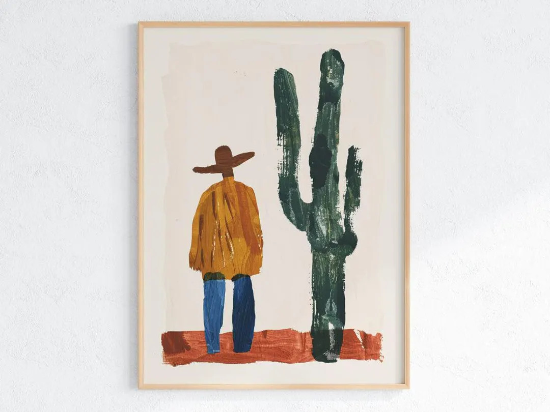Bold Abstract Cowboy and Cactus Wall Art – Modern Western Poster in Earthy Tones, Minimalist De... | Etsy (US)
