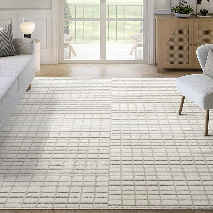 Abani Cream Grid Textured Area Rug - 4' x 6' - Chunky, Plush and Soft Washable Carpet - Perfect f... | Amazon (US)