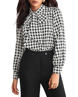 Floerns Women's Printed Bow Tied Neck Lantern Long Sleeve Workwear Shirts Blouse | Amazon (US)