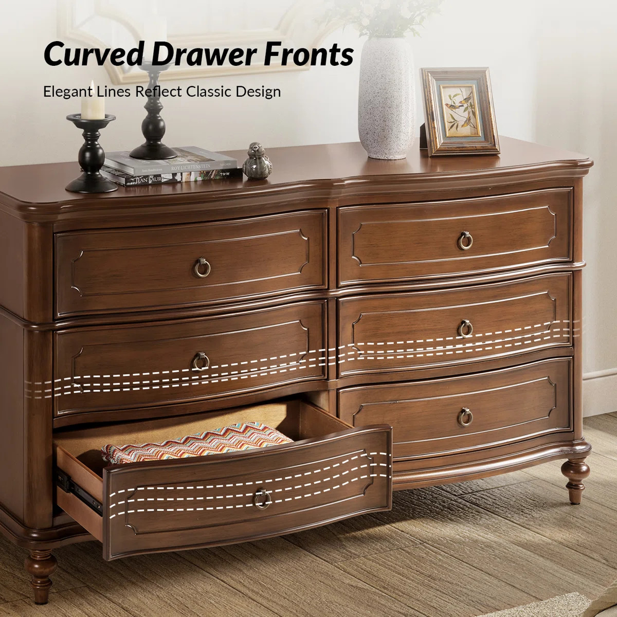 Elfine 58 ''W Traditional 6-Drawer Curved Drawer Fronts Dresser Simple Assembly with Solid Wood | Wayfair North America