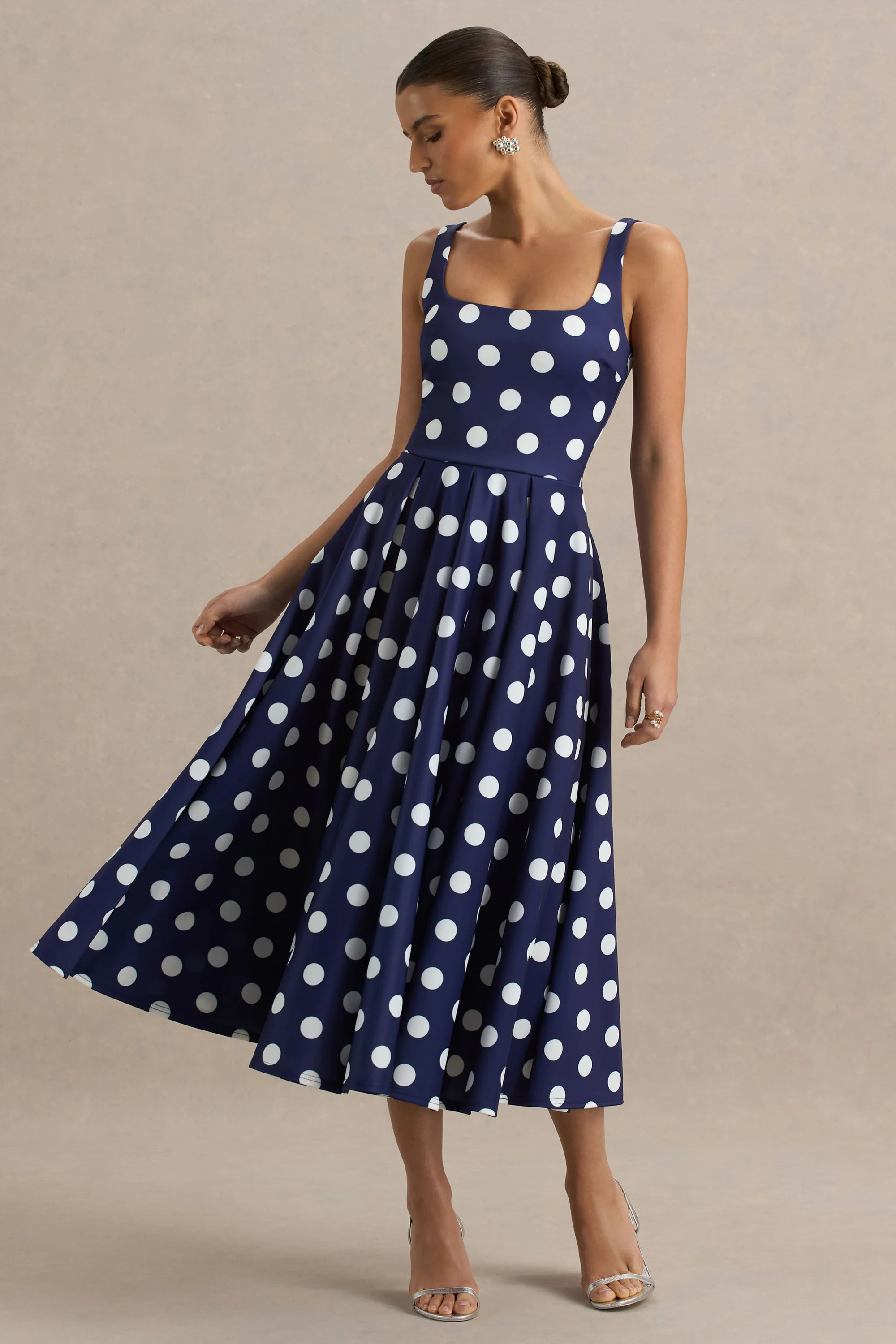 Berta | Navy And White Polka-Dot Square-Neck Midi Dress | Club L London