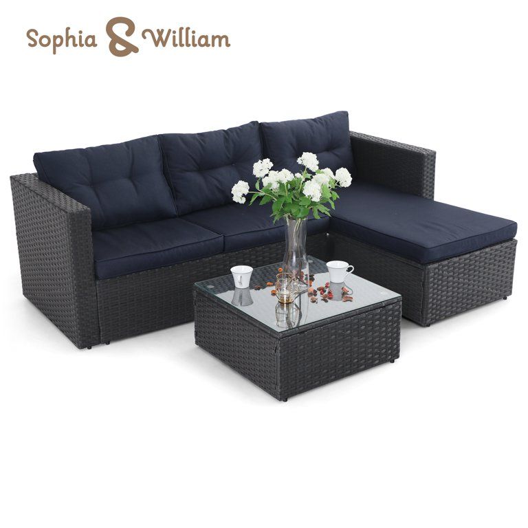 Sophia & William 3 Pieces Outdoor Patio Wicker Rattan Sectional Sofa Set - Blue - Walmart.com | Walmart (US)