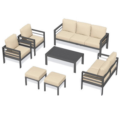 Mondawe 7-Piece Aluminum Patio Conversation Set, Outdoor Furniture Set with Ottomans & Cushions, Beige | Target