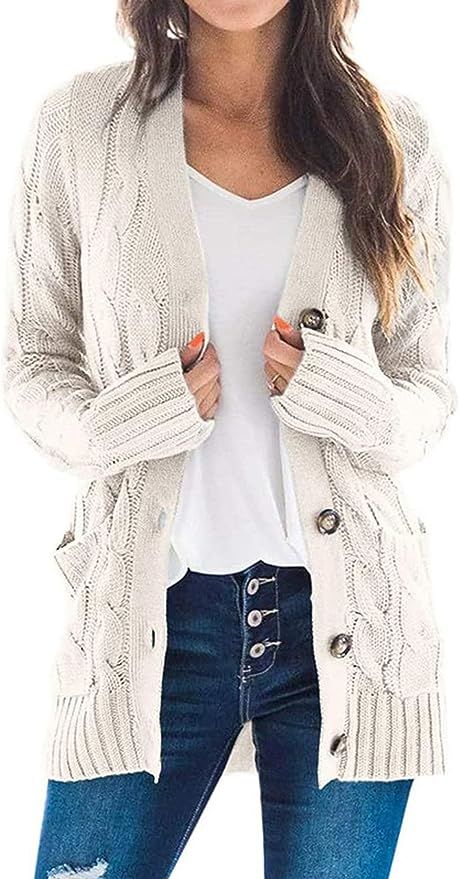 ECOWISH Womens Knit Sweater Long Sleeve Open Front Cable Cardigan Button Down Outerwear Chunky Co... | Amazon (US)