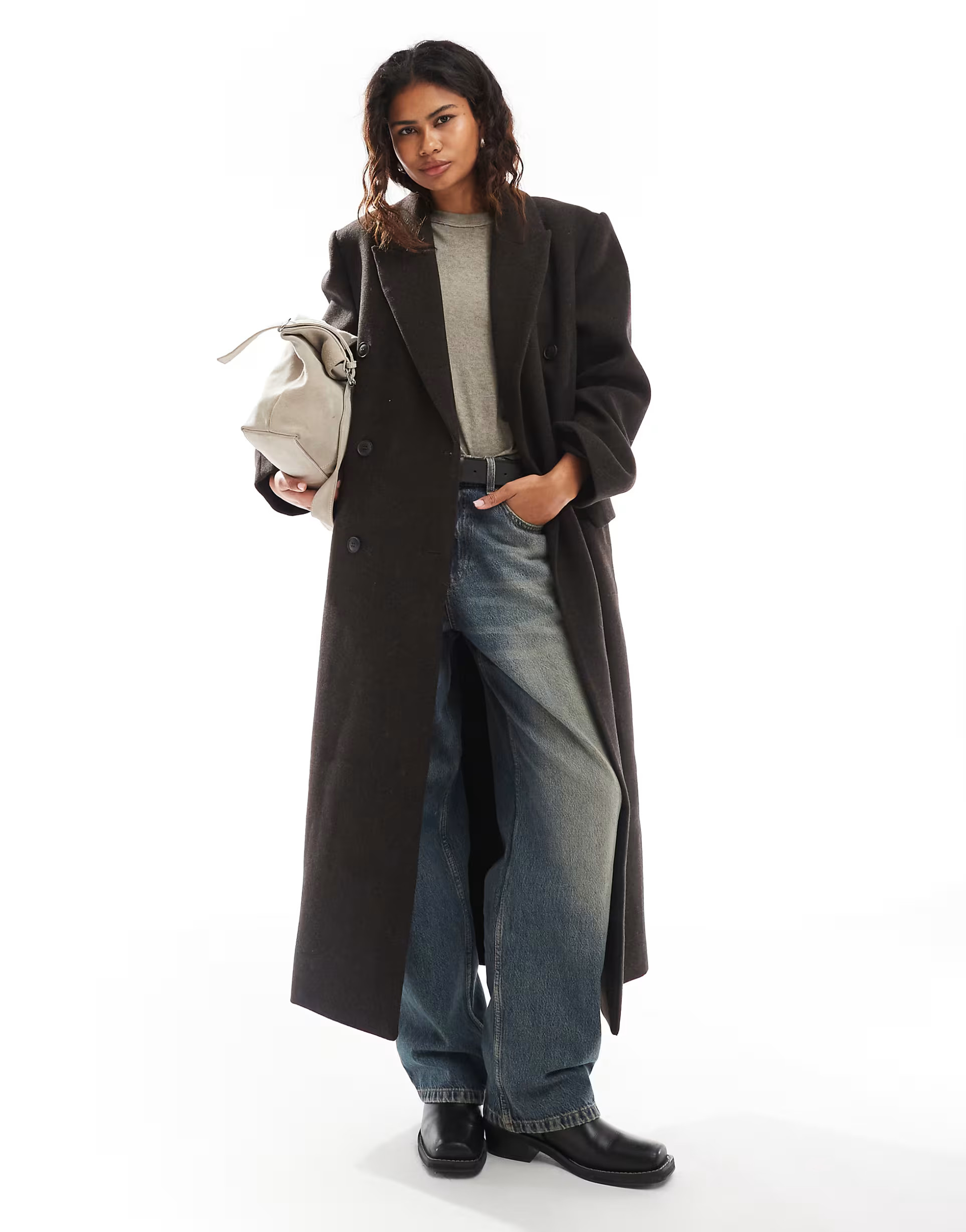 Weekday Logan wool blend oversized double breasted coat in brown herringbone | ASOS (Global)