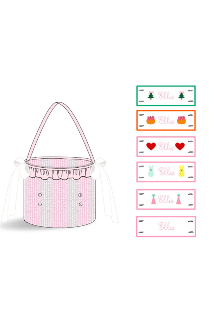 Custom Embroidered Tab Interchangeable Pink Seersucker Treat Basket | The Smocked Flamingo