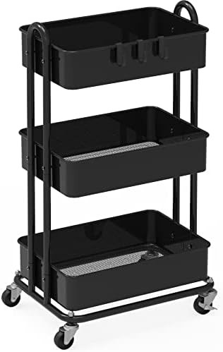 SimpleHouseware Heavy Duty 3-Tier Metal Utility Rolling Cart, Black | Amazon (US)