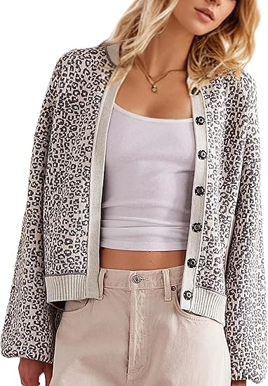 Women Slouchy Leopard Print Cardigan Sweaters Crew Neck Long Sleeve Button Down Knit Sweater Top ... | Amazon (US)