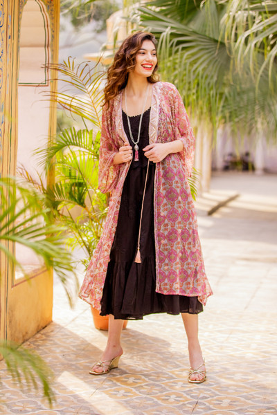 Floral Orange and Fuchsia Viscose Blend Kimono with Sequins | NOVICA