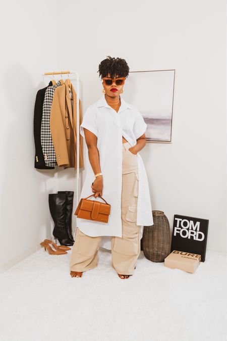 -Shirt dress by StyleWe (small)
-Cargo pants by F21 (large, sized up)
-Jacquemus le grand bambino bag 
-Lange heels by Steve Madden
-Cat eye sunglasses by Amazon Fashion 

#LTKitbag #LTKstyletip