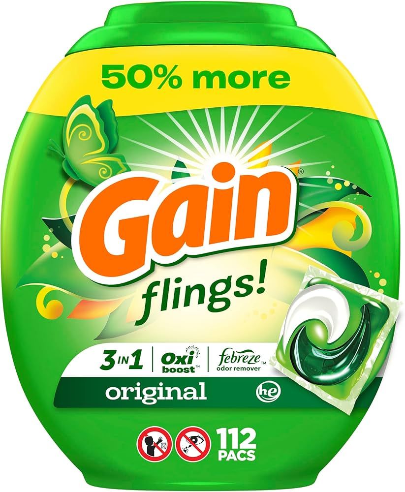 Gain flings Laundry Detergent Soap Pacs HE Compatible 112 ct Long Lasting Scent Original Scent, 8... | Amazon (US)