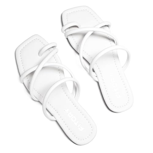FITORY Women's Slide Sandals Flat Toe Ring Thongs with Cross Strap for Summer Size 7 All White | Amazon (US)