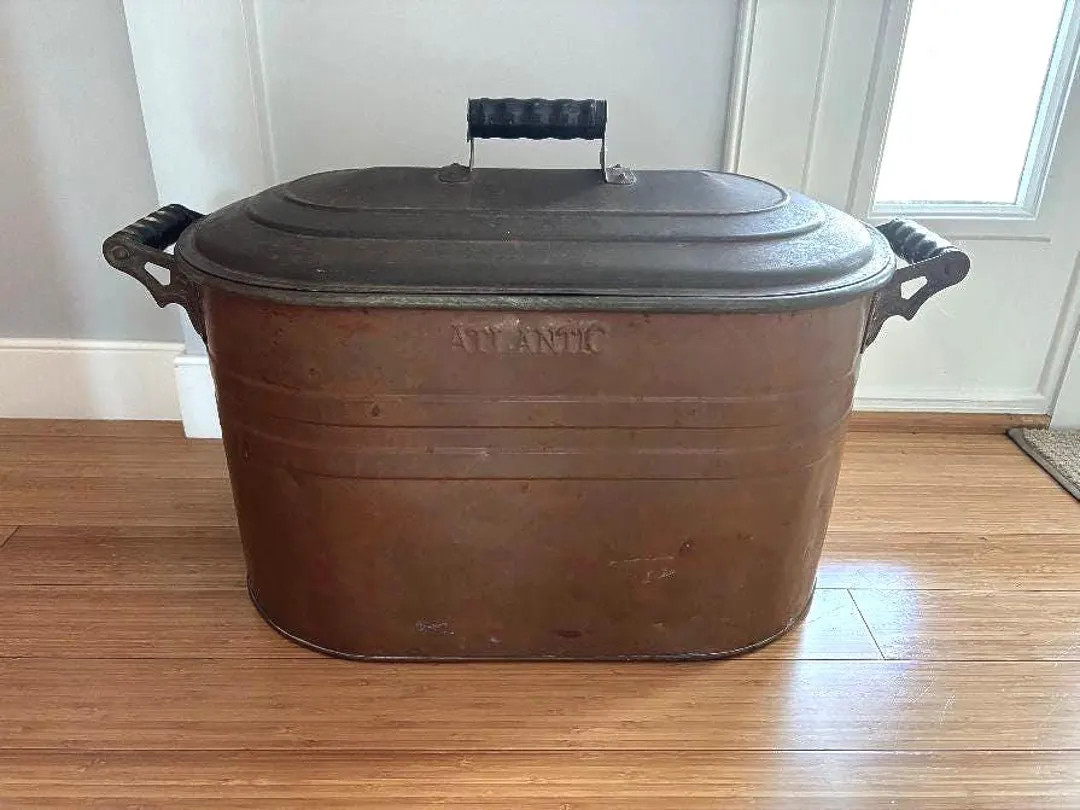 Antique Copper Boiler Wood Bin Washtub With Handles & Lid - Etsy | Etsy (US)