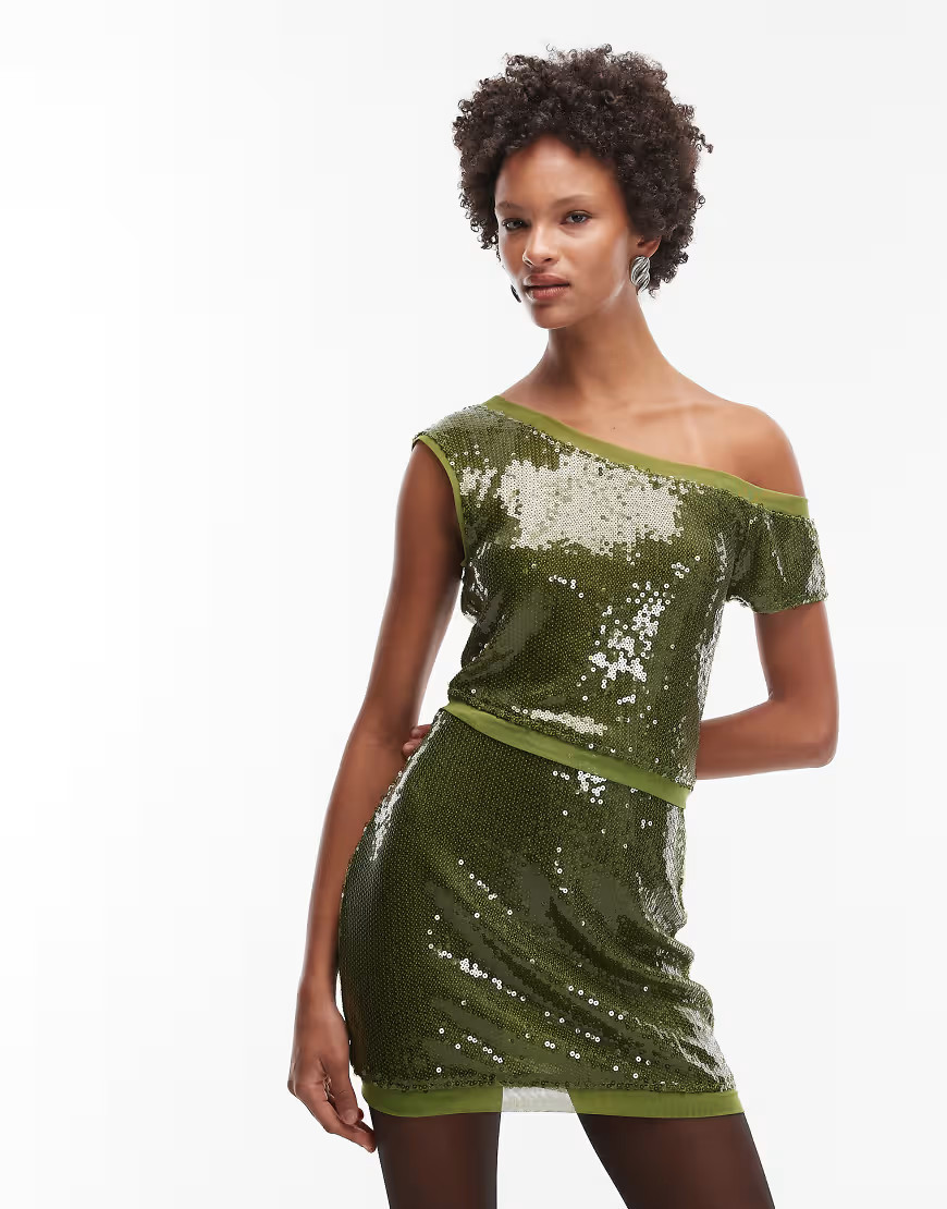ASOS DESIGN co-ord sequin mesh mix off shoulder top in olive-Green | ASOS (Global)
