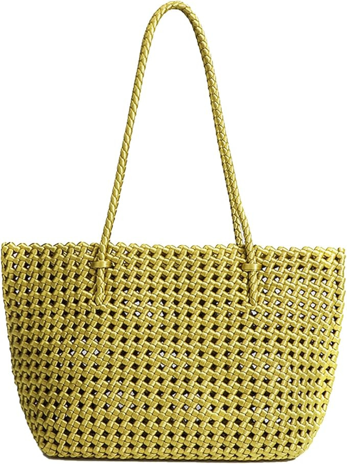 JINMANXUE Woven Tote Bag For Women,Travel Shoulder Bag, Large Hollow Beach Soft Satin Handbags Ha... | Amazon (US)