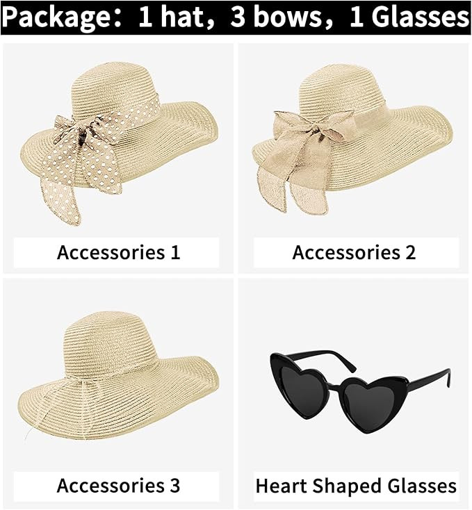 Womens Sun Hat - Wide Brim Floppy Beach Hats for Women Foldable Straw Hat with Heart Shaped Sungl... | Amazon (US)