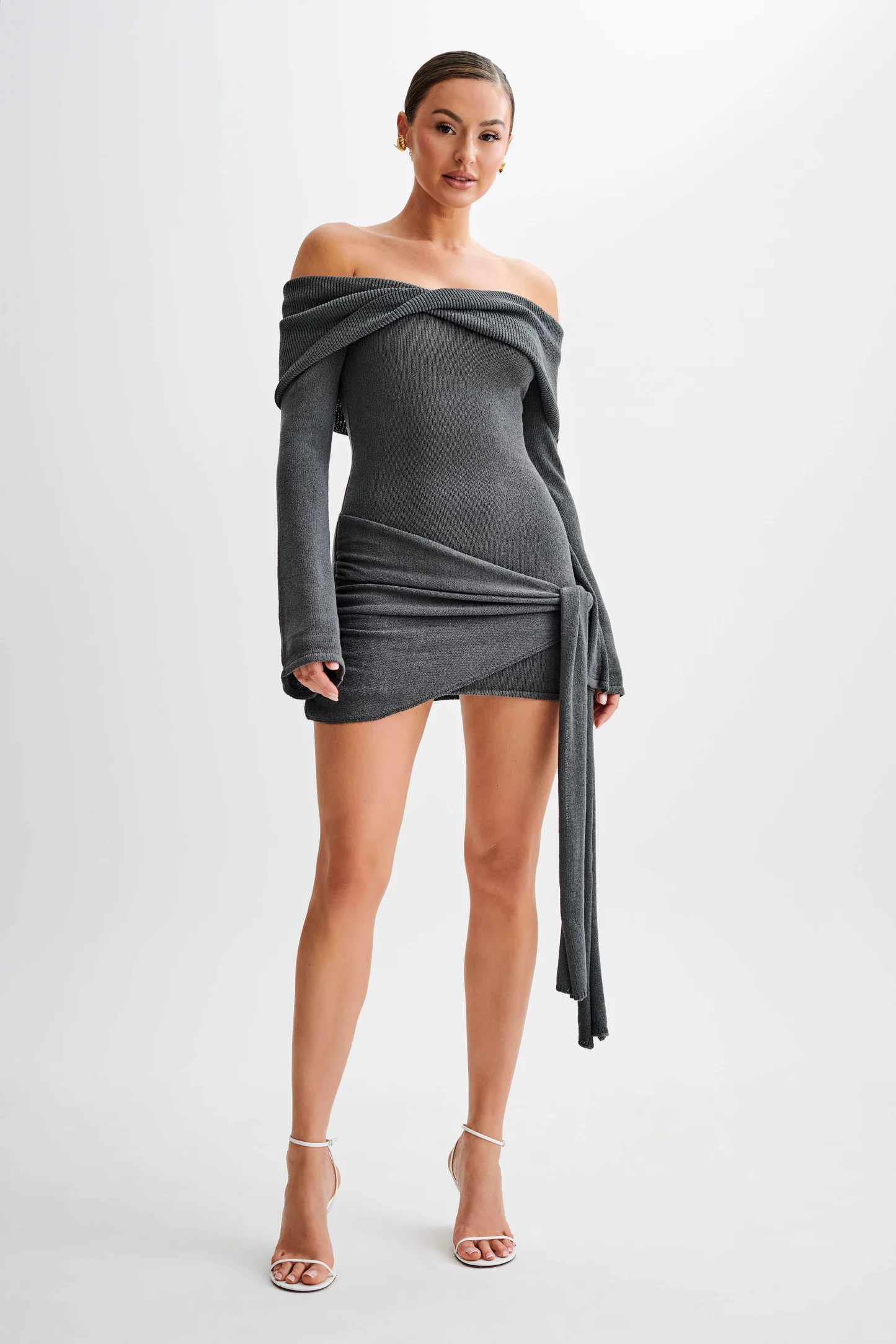 Off Shoulder Tie Knit Mini Dress - Charcoal | MESHKI US