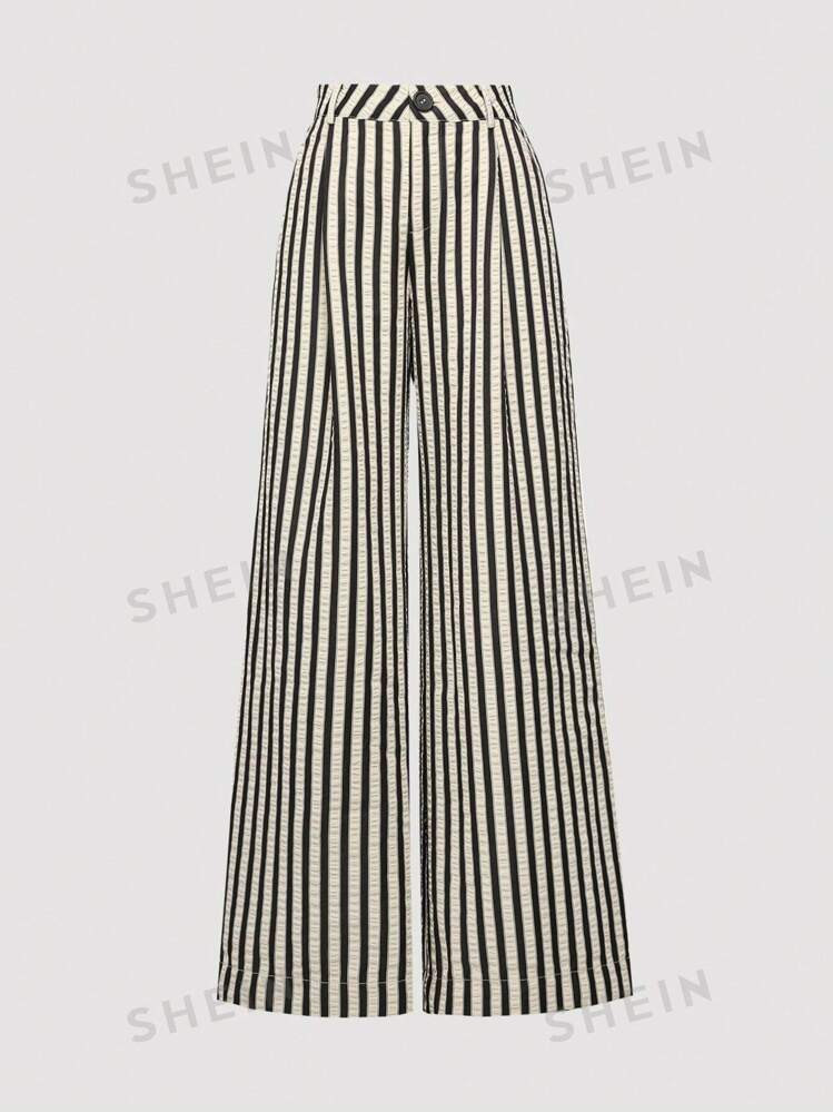 SHEIN Sweetro Women's Front Button Casual Striped Wide Leg Pants, Daily Casual | SHEIN USA | SHEIN