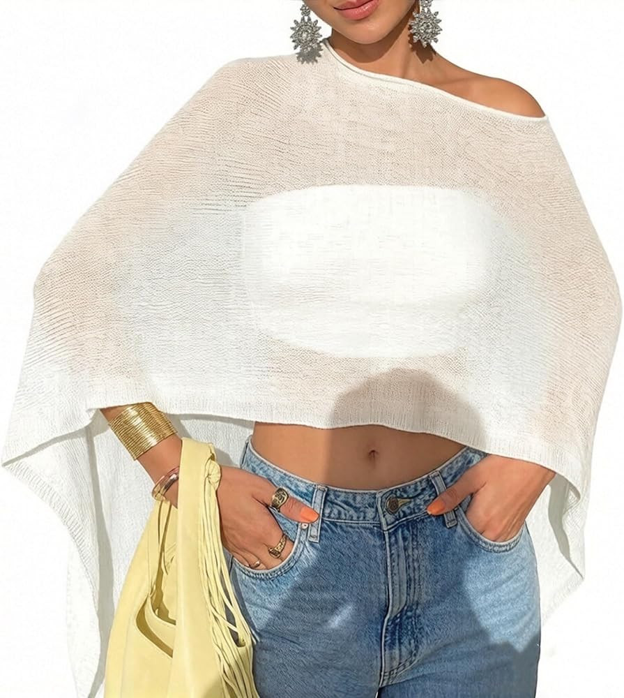 Women Sheer Poncho Top Lightweight Knit Crochet Shrug Bolero Mesh Batwing Sleeve Sweater Cover Up... | Amazon (US)