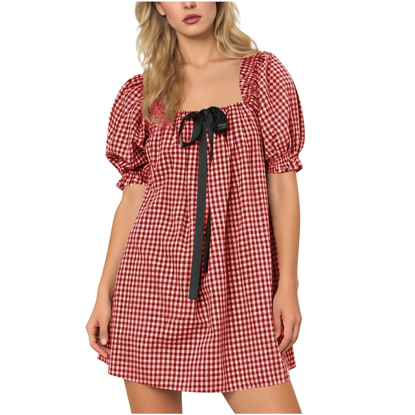 Women's Square Neck Mini Dress Plaid Short Puff Sleeve Dress Bow-Knot Decor Y2K Trendy Casual Sho... | Walmart (US)
