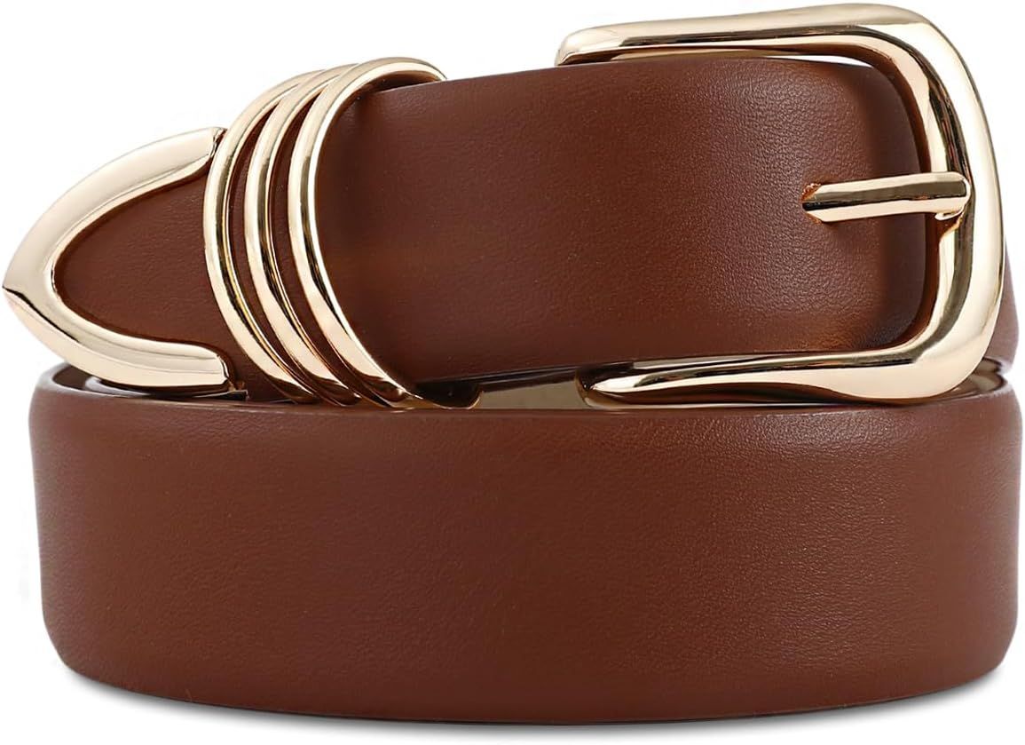 Women's Leather Belts for Jeans Dresses, Black Leather Waist Belt Fashion Ladies Belts with Gold ... | Amazon (US)