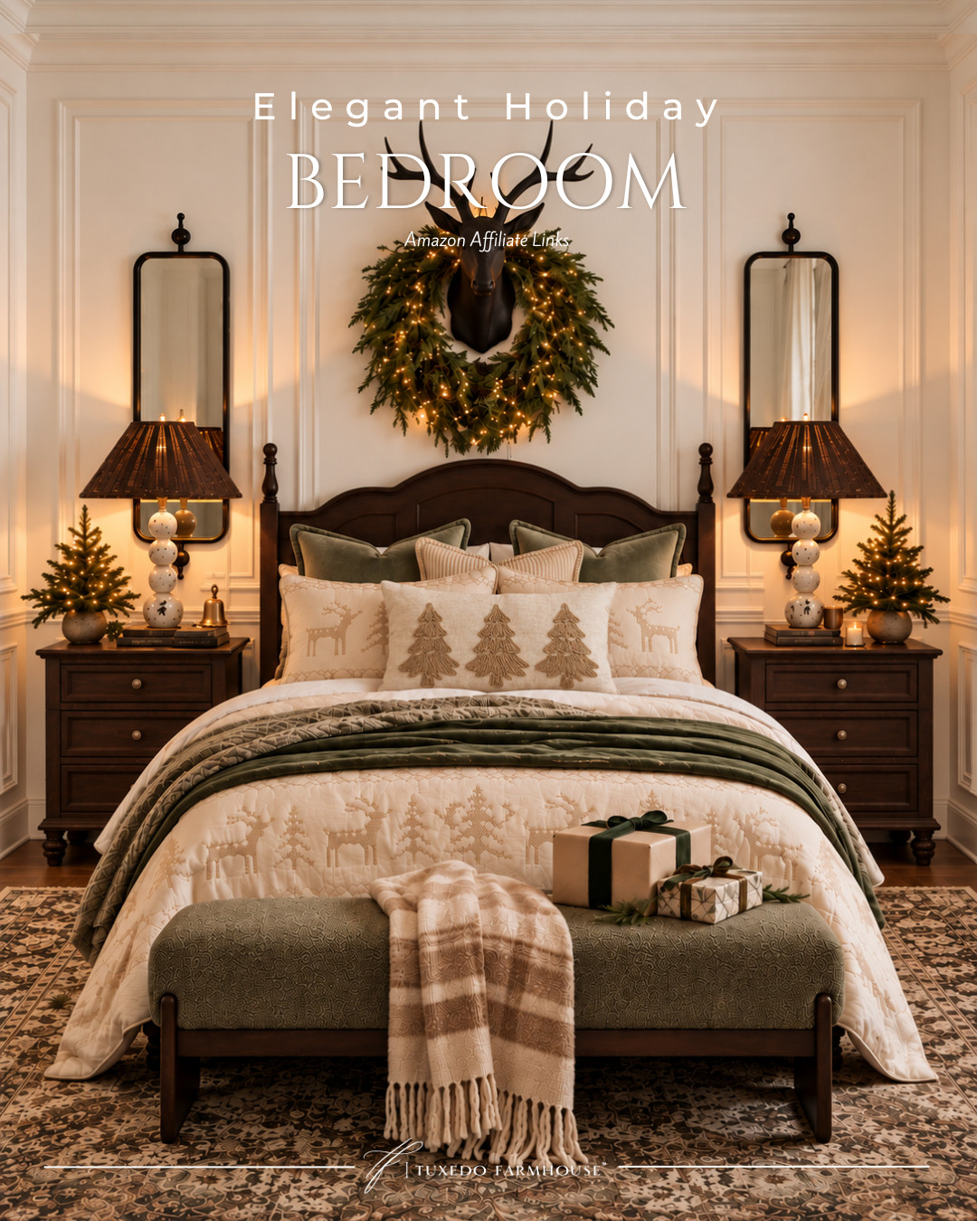 Elegant holiday bedroom inspiration with warm wood tones, layered neutral bedding, rich greens and just the right touch of Christmas charm. The textured tree pillow, cozy throws, glowing greenery and classic accents make this feel festive while still beautifully timeless. 🎄

#LTKHome #LTKSeasonal #LTKStyleTip #ChristmasBedroom #HolidayDecor #ChristmasDecor #CozyBedroom #HolidayHome 

 #LTKSeasonal #LTKHome #LTKSaleAlert