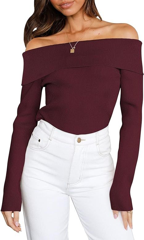 Prinbara Women's Off Shoulder Long Sleeve Cowl Neck Knit Sweater Pullover Jumper Tops | Amazon (US)