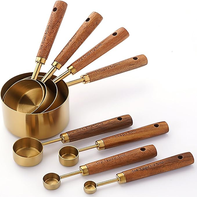 Measuring Cups and Spoons Set of 8, Stainless Steel Gold Measuring Cups Kit with Wooden Handle, K... | Amazon (US)