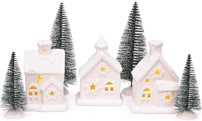 Mark Feldstein & Associates Unglazed Porcelain Pre Lit LED Cozy Knit Winter Village with Trees, 7... | Amazon (US)