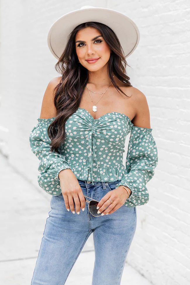Sonic Blooms Sage Floral Off The Shoulder Long Sleeve Blouse | Pink Lily