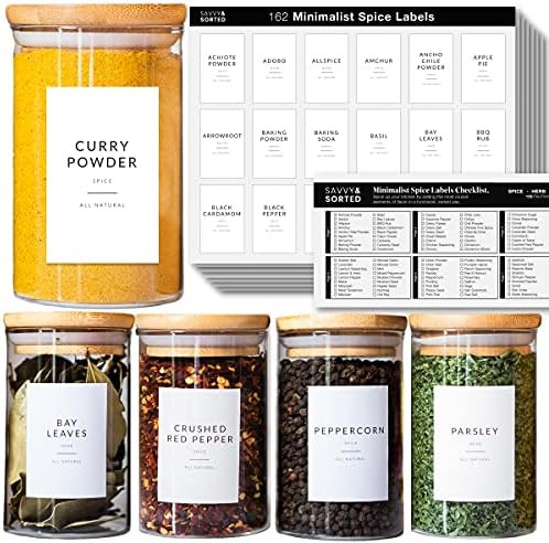 162 Minimalist Spice Jar Labels - Preprinted Spice Stickers - Black Text on White Waterproof Labe... | Amazon (US)