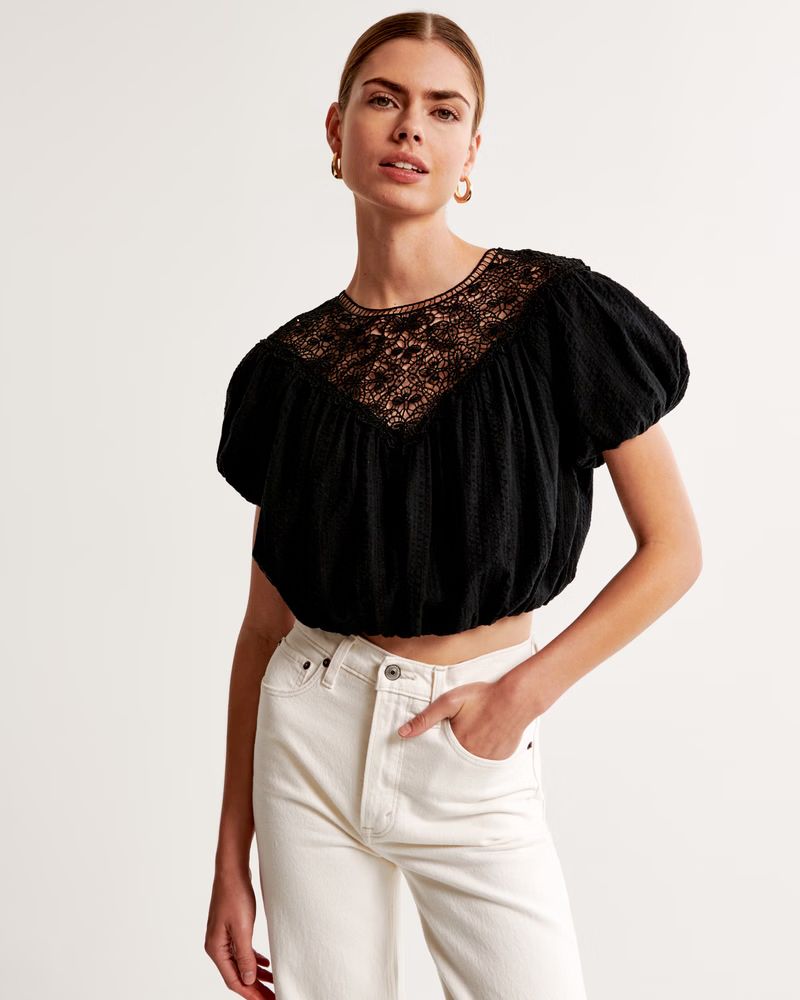 Women's Crinkle Cropped Lace-Trim Bubble Top | Women's Clearance | Abercrombie.com | Abercrombie & Fitch (US)